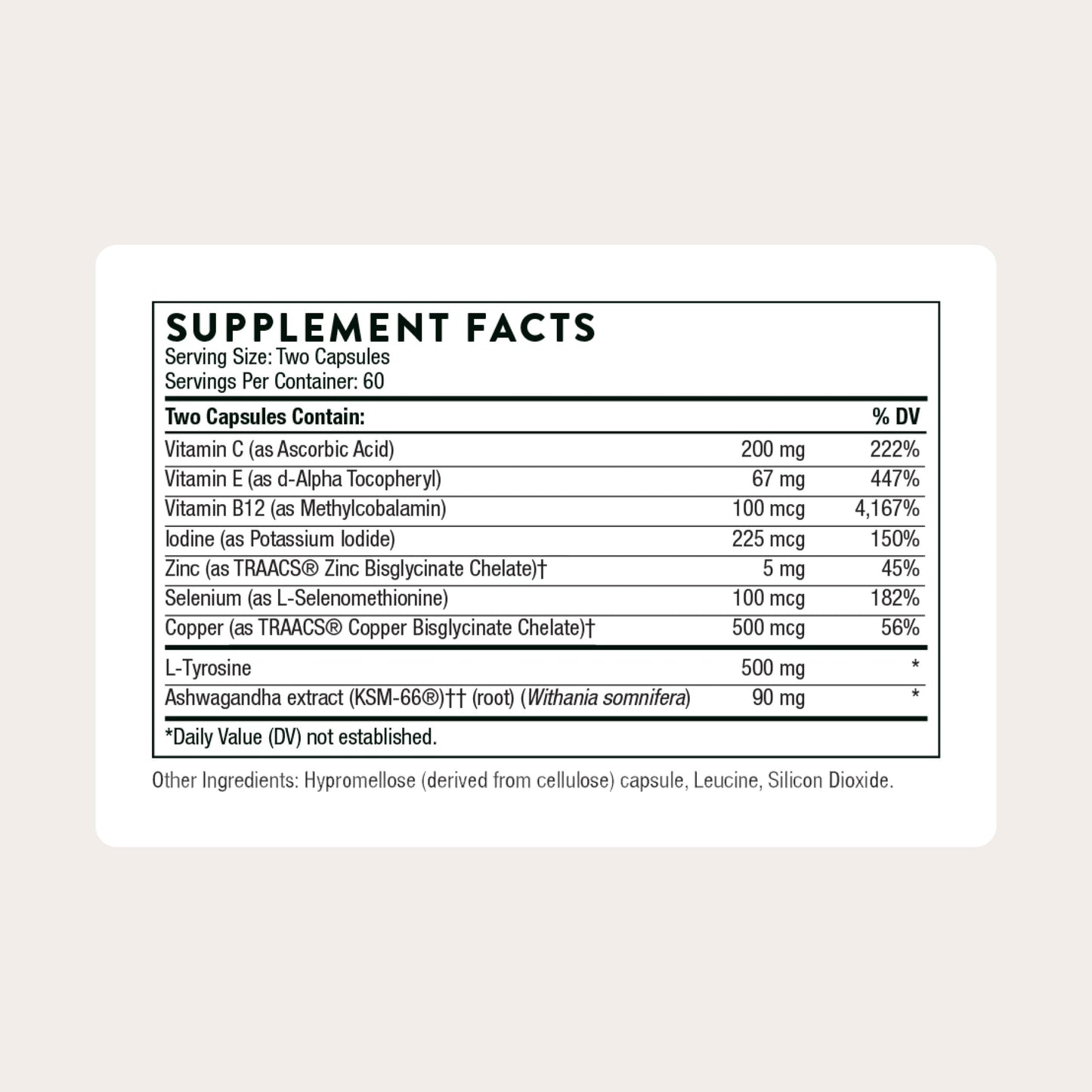 Thorne Thyroid Health Complex supplement facts label detailing vitamins, minerals, and ashwagandha ingredients.