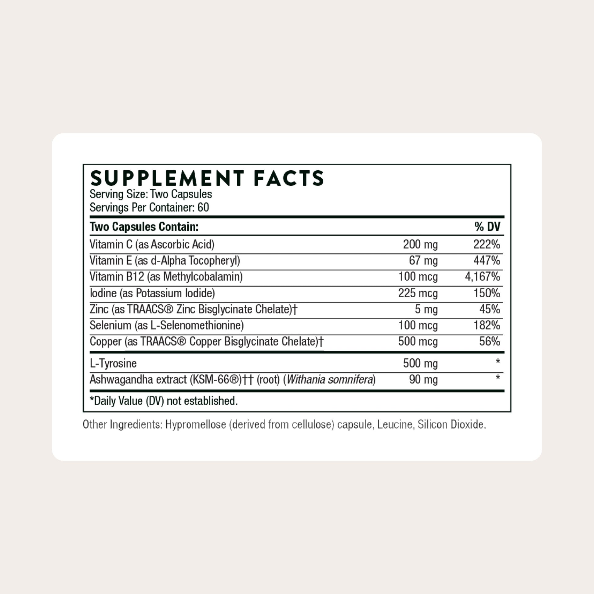 Thorne Thyroid Health Complex supplement facts label detailing vitamins, minerals, and ashwagandha ingredients.