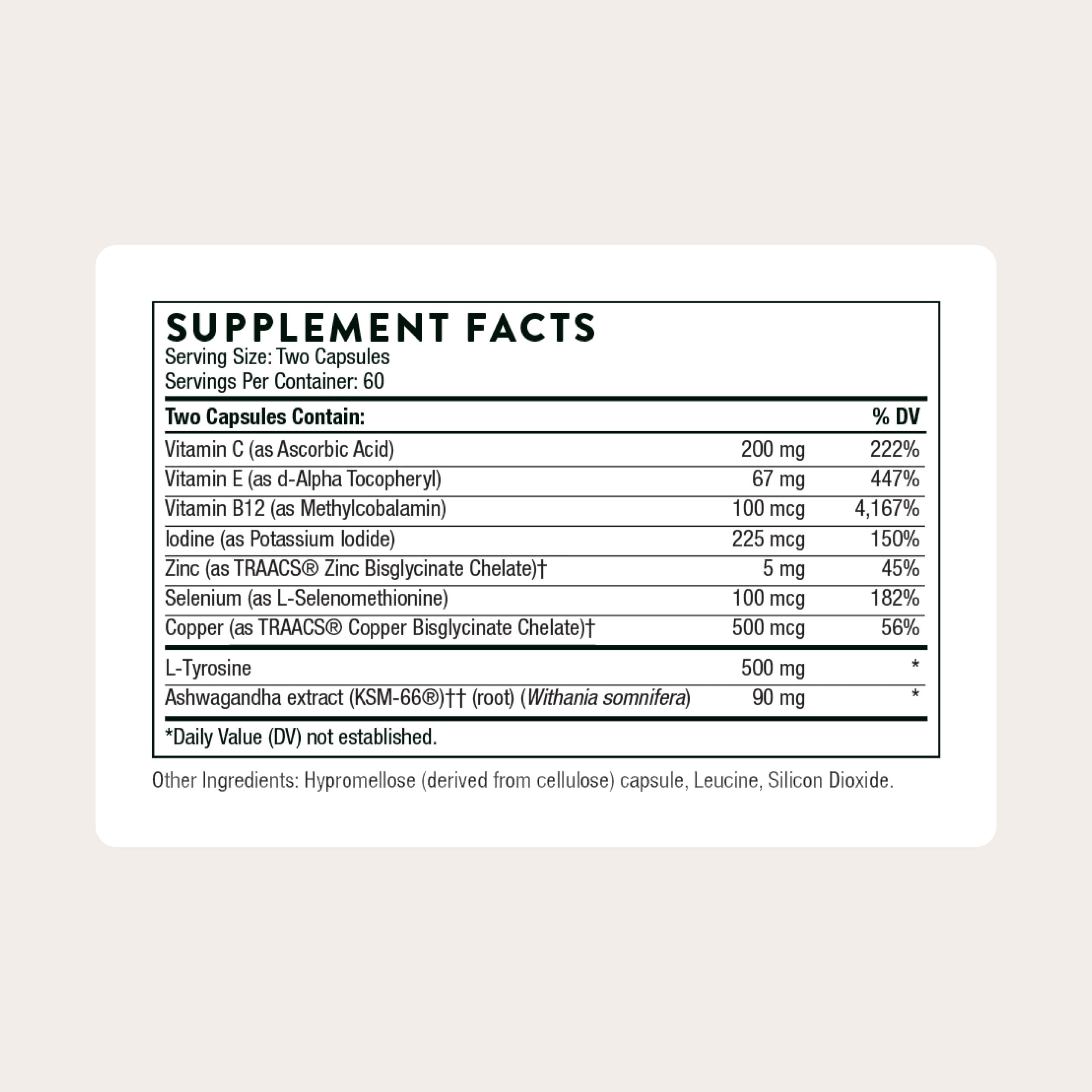 Thorne Thyroid Health Complex supplement facts label detailing vitamins, minerals, and ashwagandha ingredients.