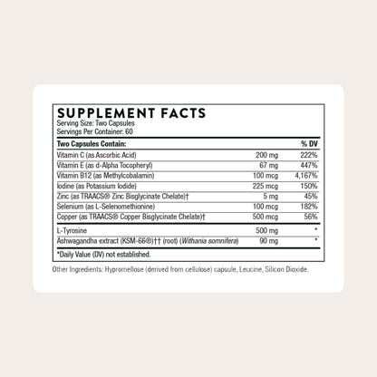 Thorne Thyroid Health Complex supplement facts label detailing vitamins, minerals, and ashwagandha ingredients.