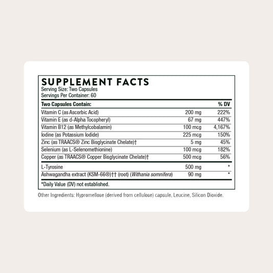 Thorne Thyroid Health Complex supplement facts label detailing vitamins, minerals, and ashwagandha ingredients.