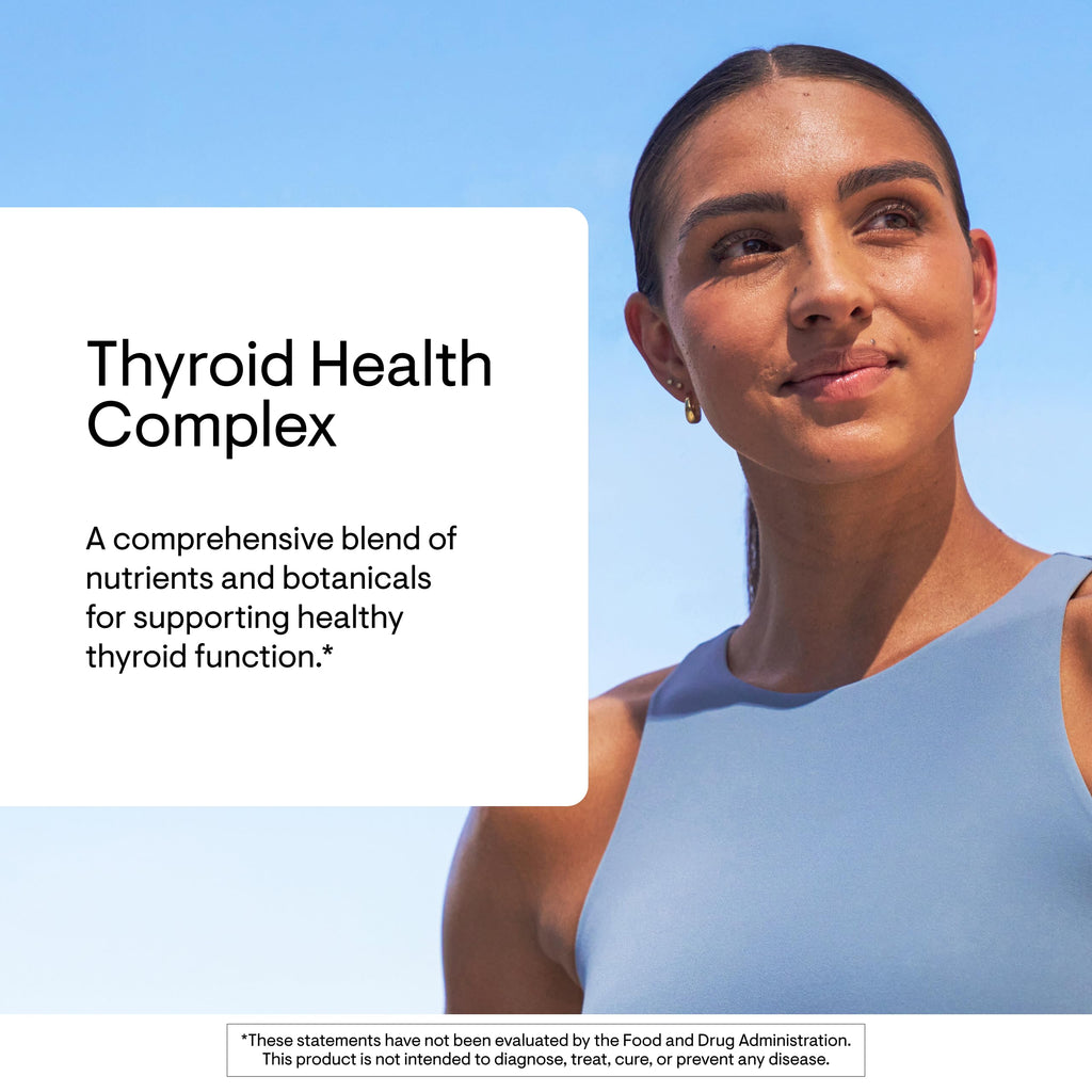 Thorne Thyroid Health Complex capsules side angle highlighting 120 vegetarian capsules quantity.