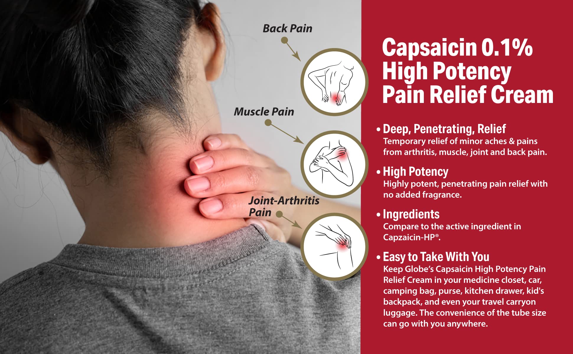 Globe pain relief cream packaging showing 0.1 percent capsaicin strength