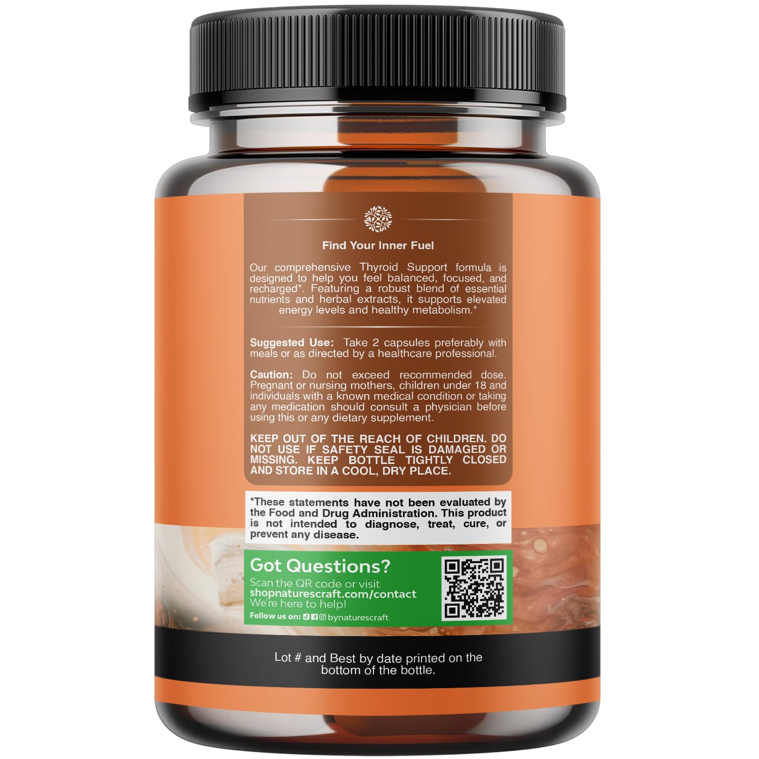 Nature's Craft Thyroid Support supplement bottle showing kelp iodine and L-tyrosine details