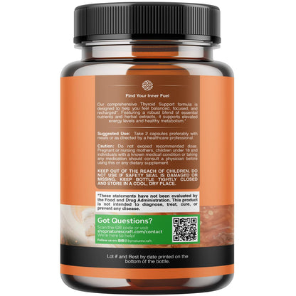 Nature's Craft Thyroid Support supplement bottle showing kelp iodine and L-tyrosine details