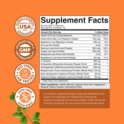 Supplement facts label of Nature's Craft Herbal Thyroid Support Complex for hormone balance