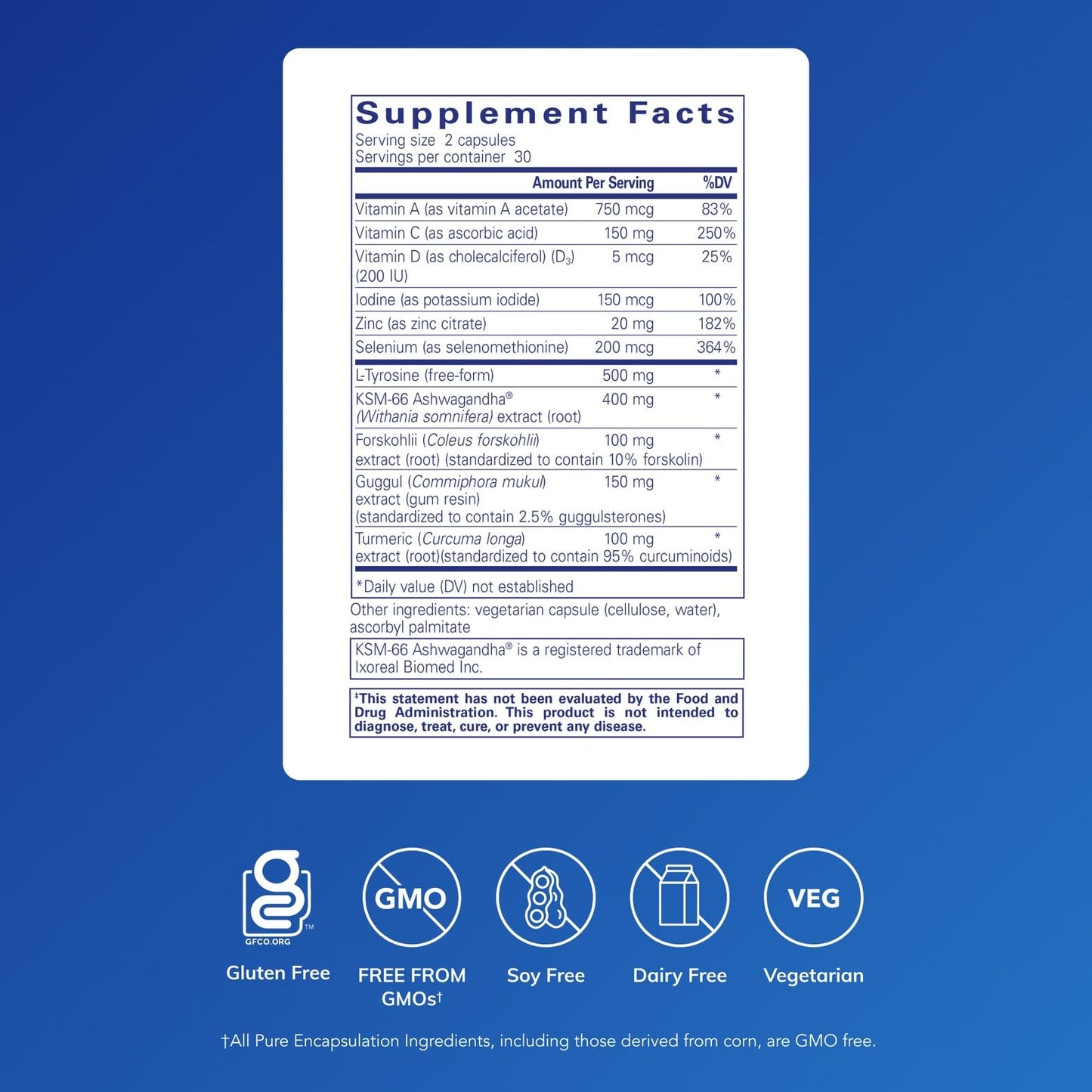 Pure Encapsulations Thyroid Support Complex supplement facts label highlighting iodine and ashwagandha ingredients.