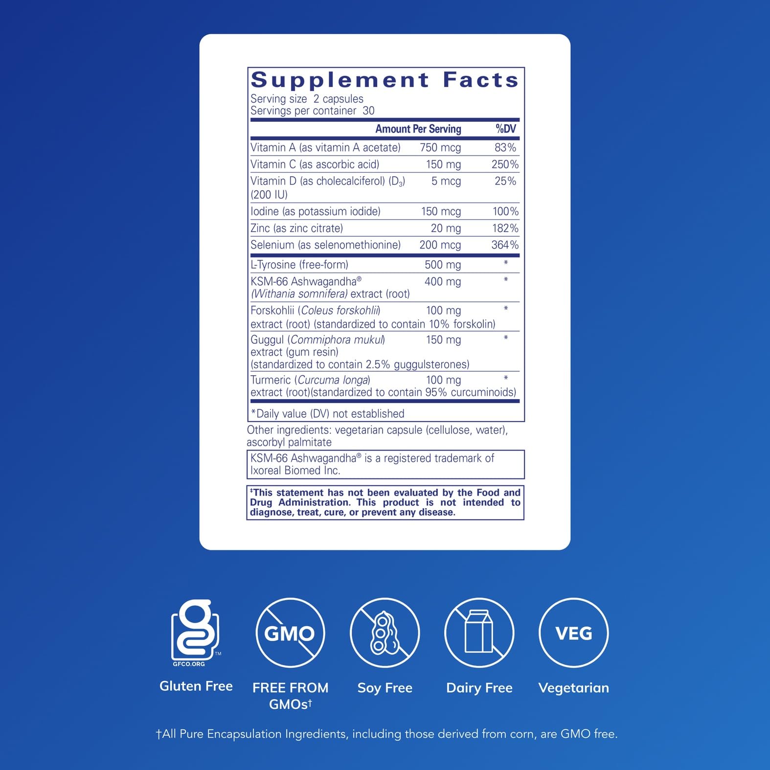 Pure Encapsulations Thyroid Support Complex supplement facts label highlighting iodine and ashwagandha ingredients.