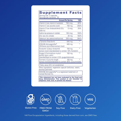 Pure Encapsulations Thyroid Support Complex supplement facts label highlighting iodine and ashwagandha ingredients.