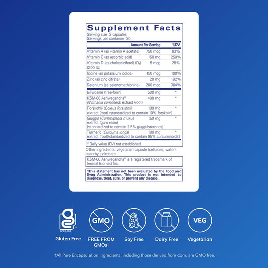 Pure Encapsulations Thyroid Support Complex supplement facts label highlighting iodine and ashwagandha ingredients.