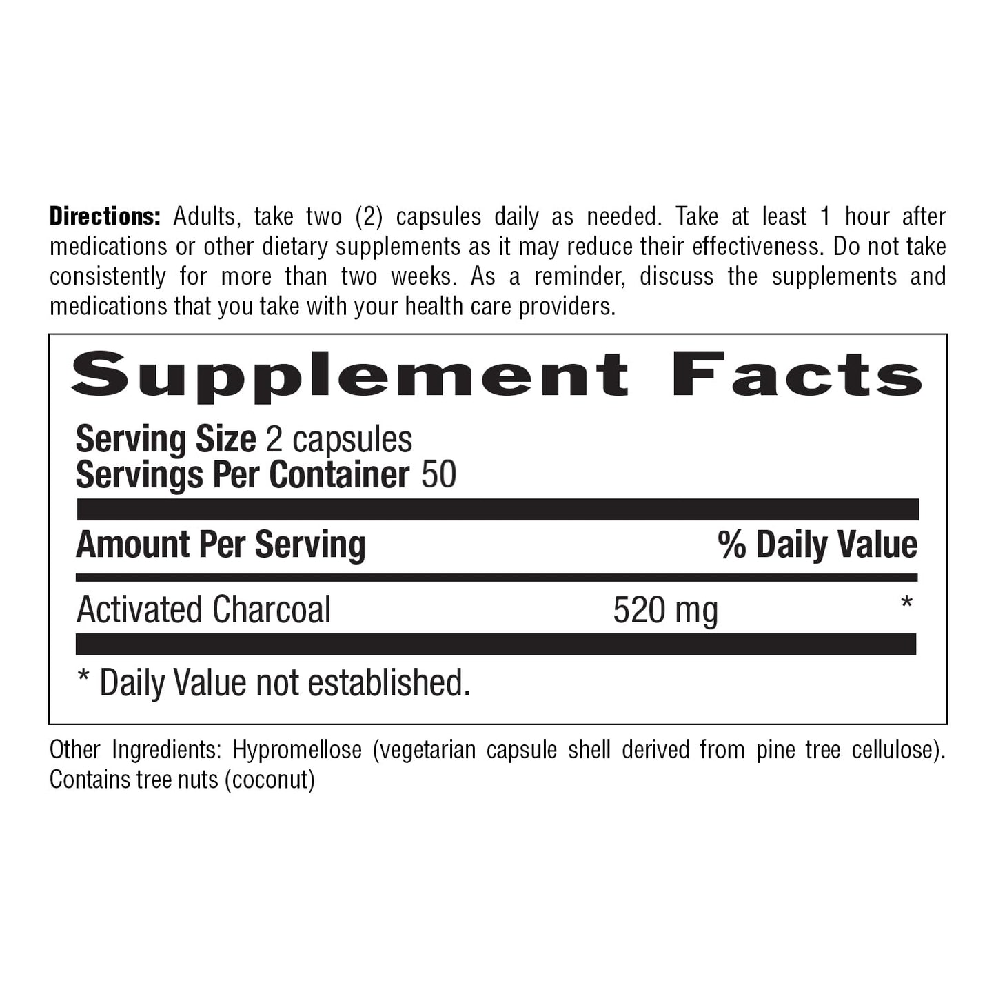 Country Life coconut derived activated carbon digestive aid capsules premium formulation details.