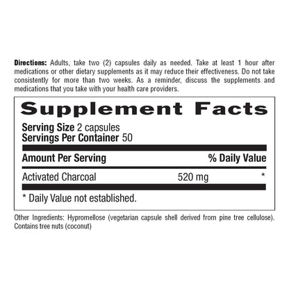 Country Life coconut derived activated carbon digestive aid capsules premium formulation details.