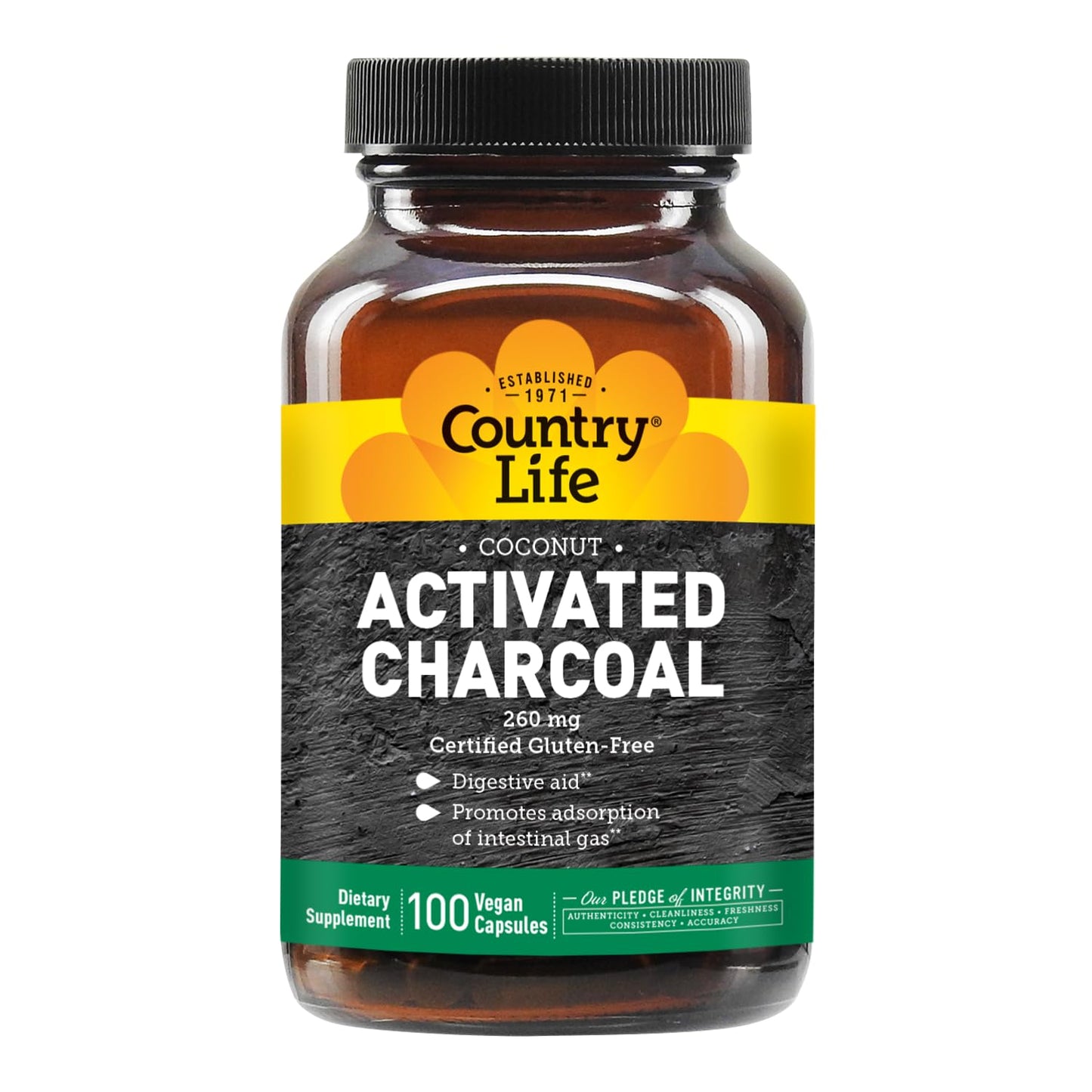 Side angle of Country Life activated charcoal bottle highlighting usage instructions and medication warning.