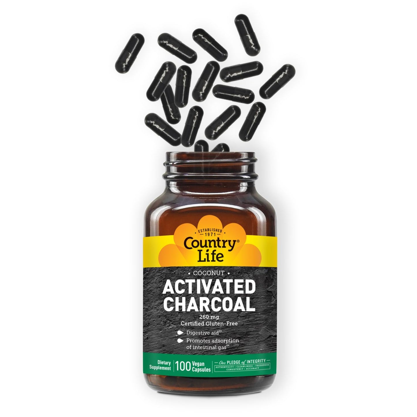 Country Life coconut activated charcoal dietary supplement for natural gas relief and intestinal health.