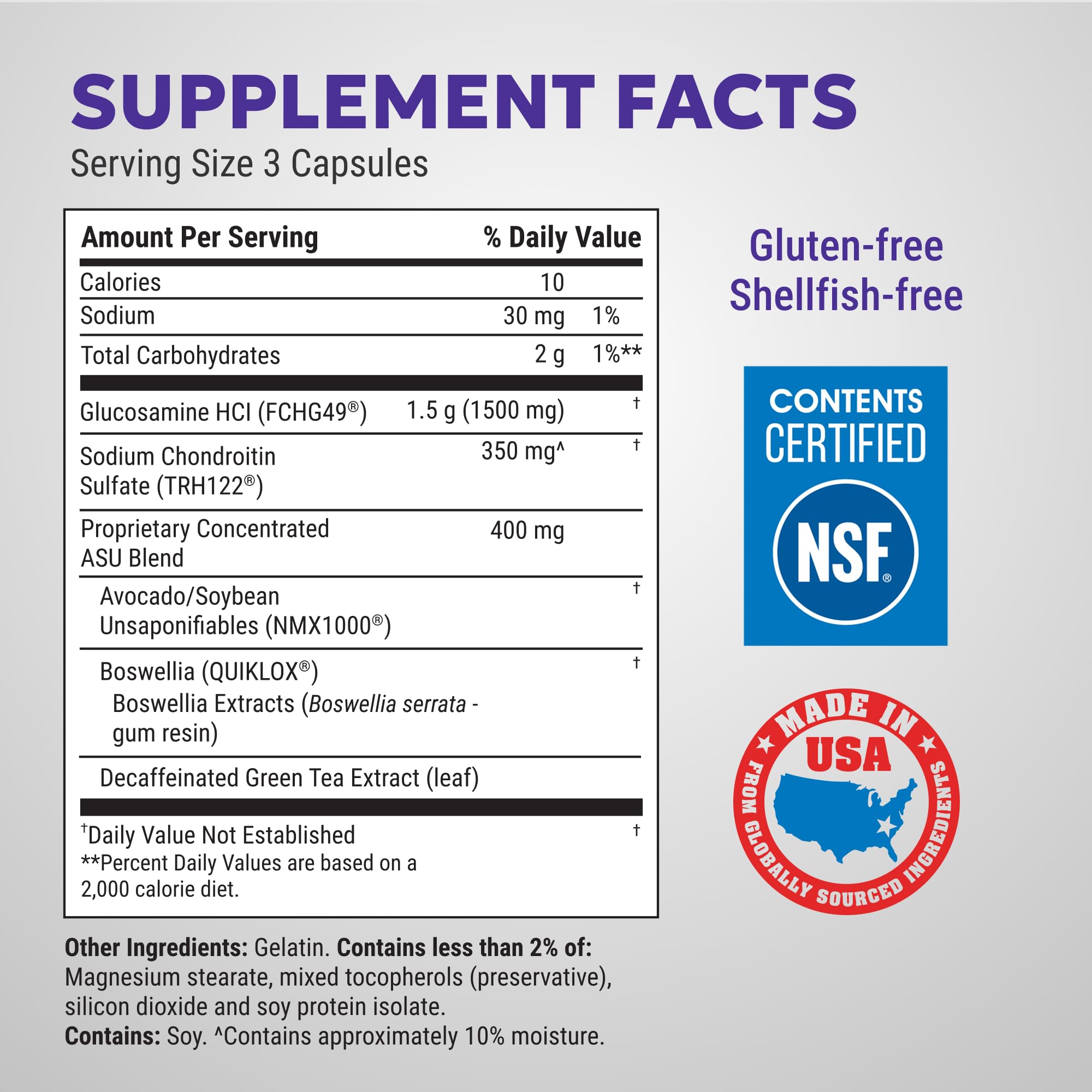 Side view of Nutramax Cosamin ASU bottle showing supplement facts
