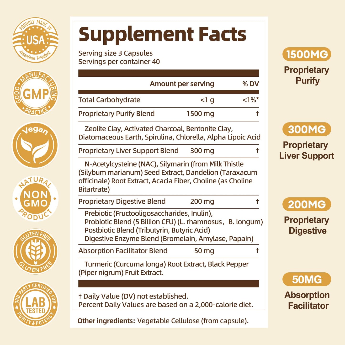 Totaria liver and gut health supplement bottle highlighting bentonite clay and alpha lipoic acid benefits.