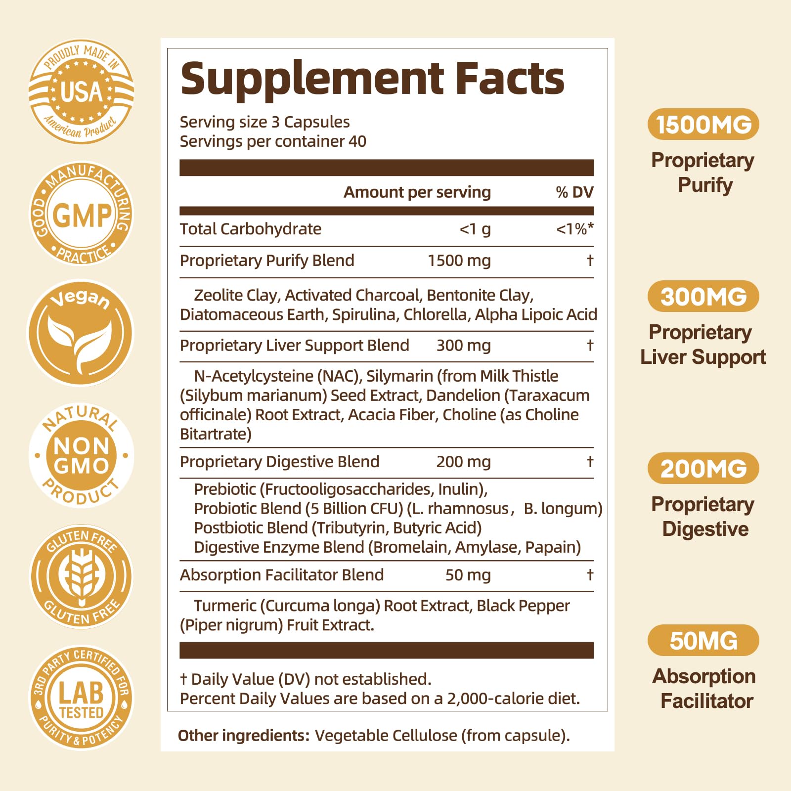 Totaria liver and gut health supplement bottle highlighting bentonite clay and alpha lipoic acid benefits.