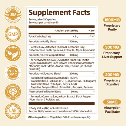 Totaria liver and gut health supplement bottle highlighting bentonite clay and alpha lipoic acid benefits.