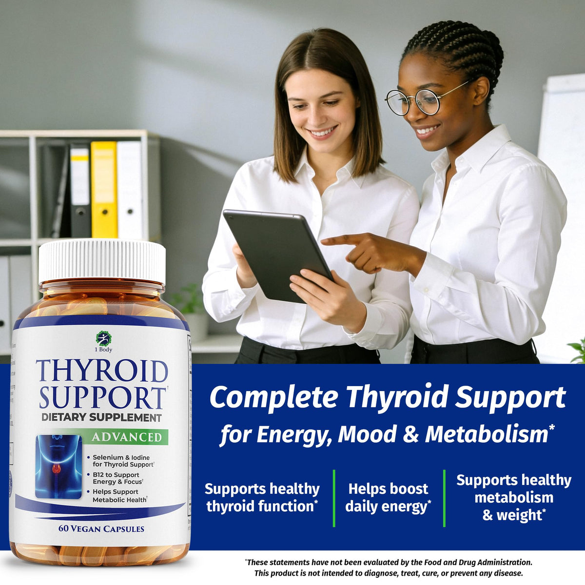 1 Body Thyroid Support supplement ingredient label closeup