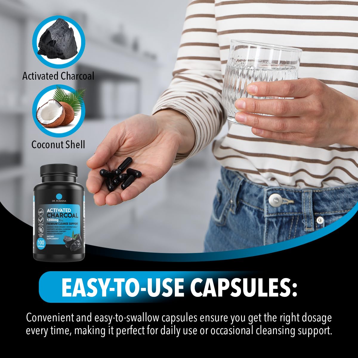 Dr. Robaina activated charcoal vegan capsules bottle for digestive support.