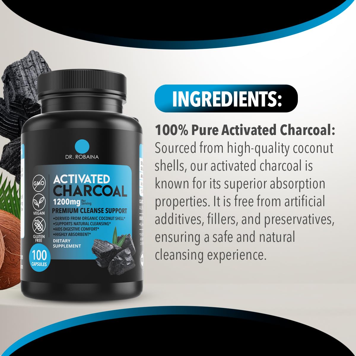 Dr. Robaina activated charcoal capsules premium stomach pressure relief option.
