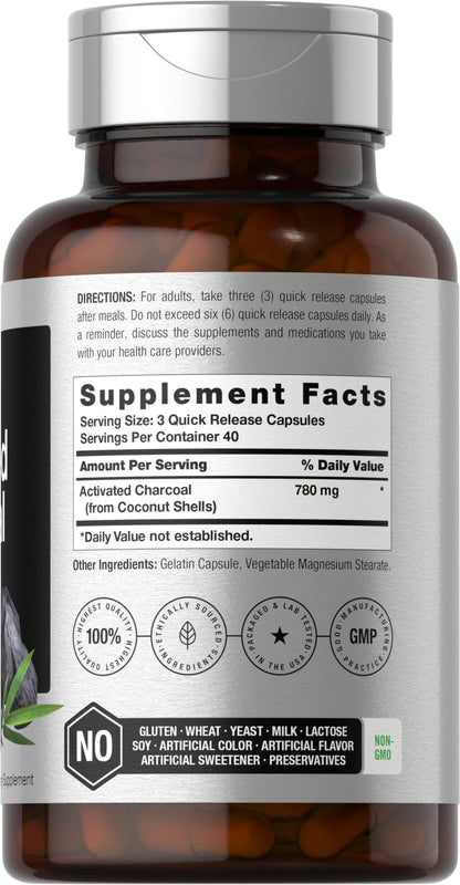 Horbaach coconut shell charcoal 780mg quick release pills for digestive health.