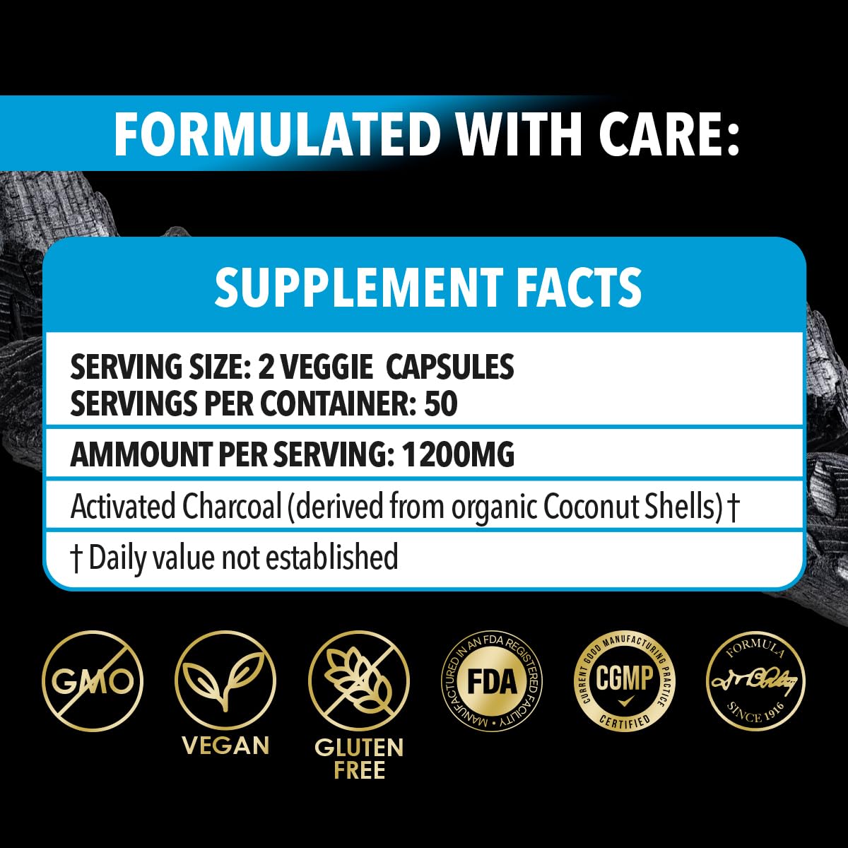 Authentic USA imported Dr. Robaina coconut shell activated charcoal bottle on display.