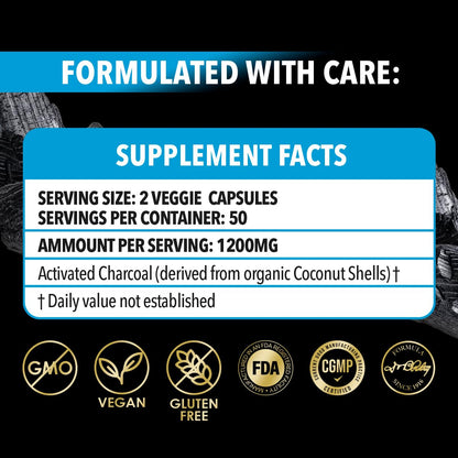 Authentic USA imported Dr. Robaina coconut shell activated charcoal bottle on display.