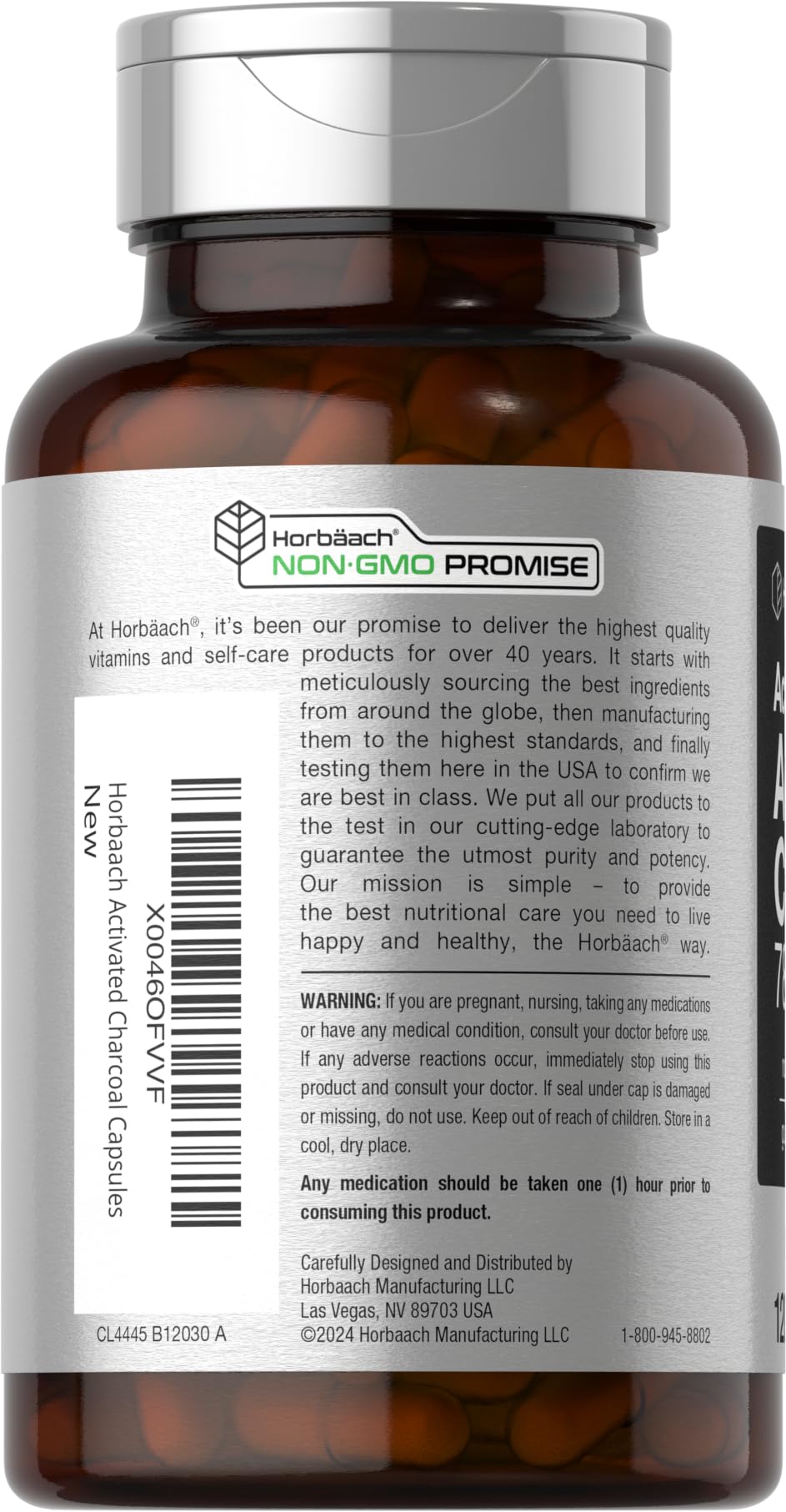 Supplement facts label on the back of Horbaach activated charcoal bottle.
