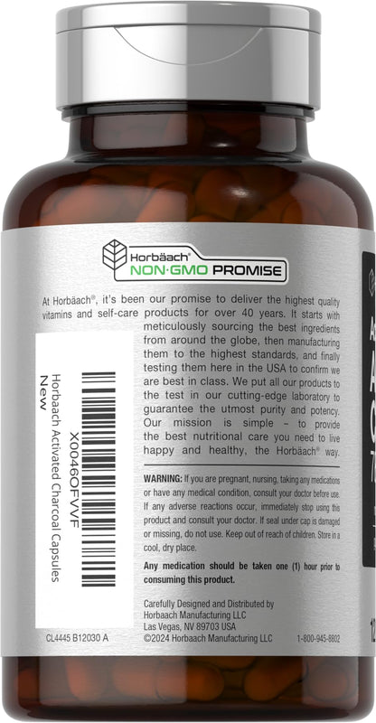 Supplement facts label on the back of Horbaach activated charcoal bottle.