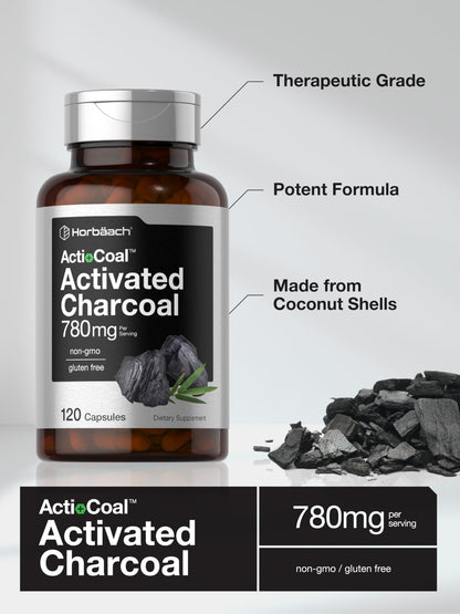 Non GMO and gluten free verified logos on Horbäach charcoal capsules.