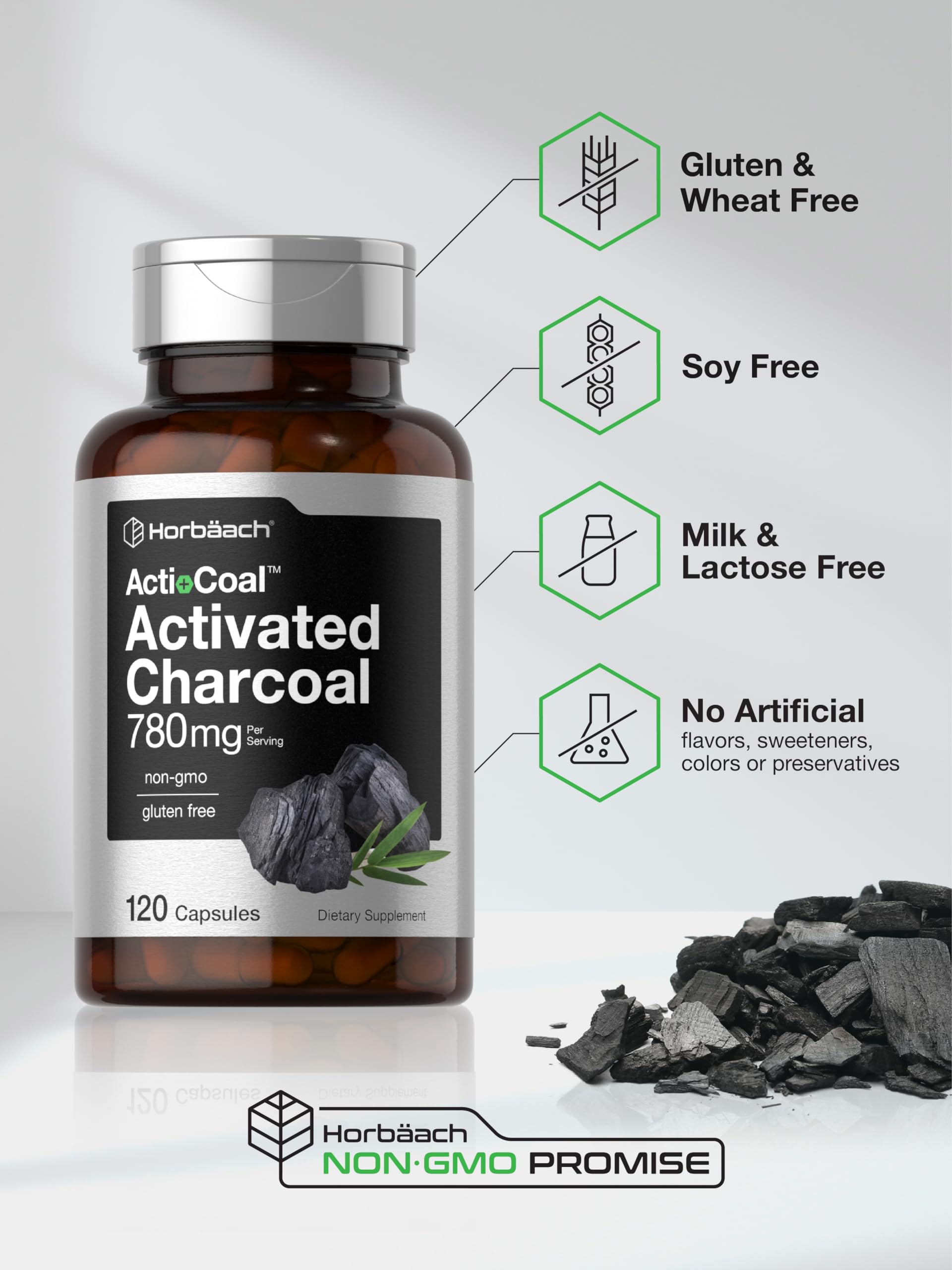Fine black powder activated coconut charcoal supplement bottle close up.