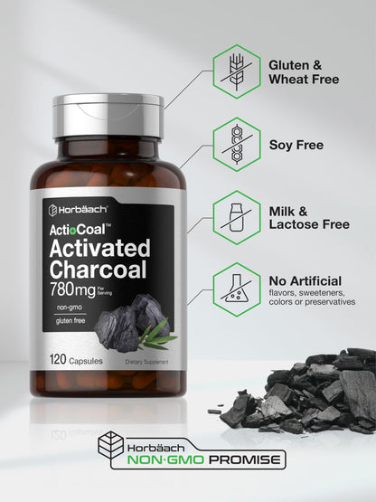 Fine black powder activated coconut charcoal supplement bottle close up.
