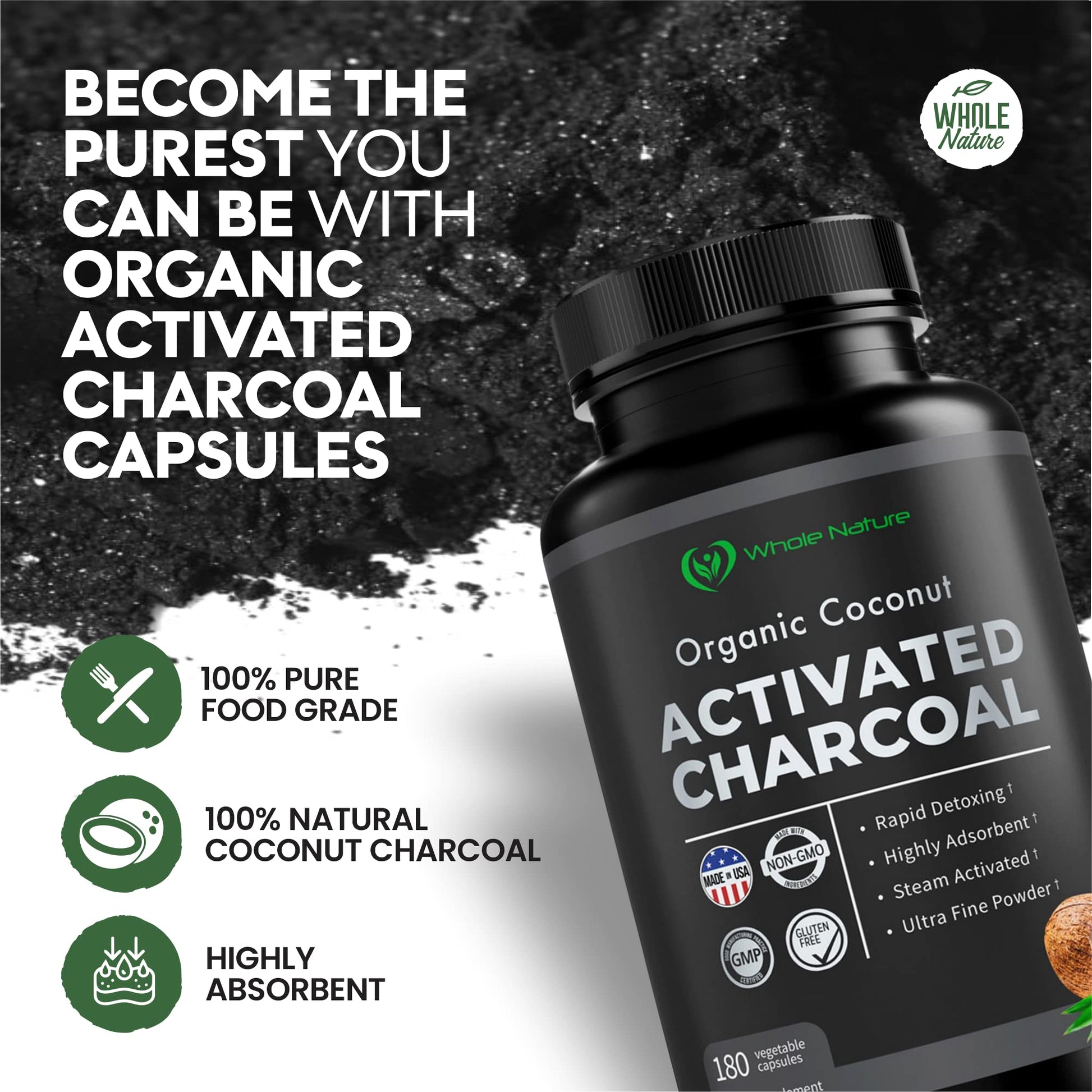 Whole Nature activated charcoal supplement vegan capsules for bloating and digestive health