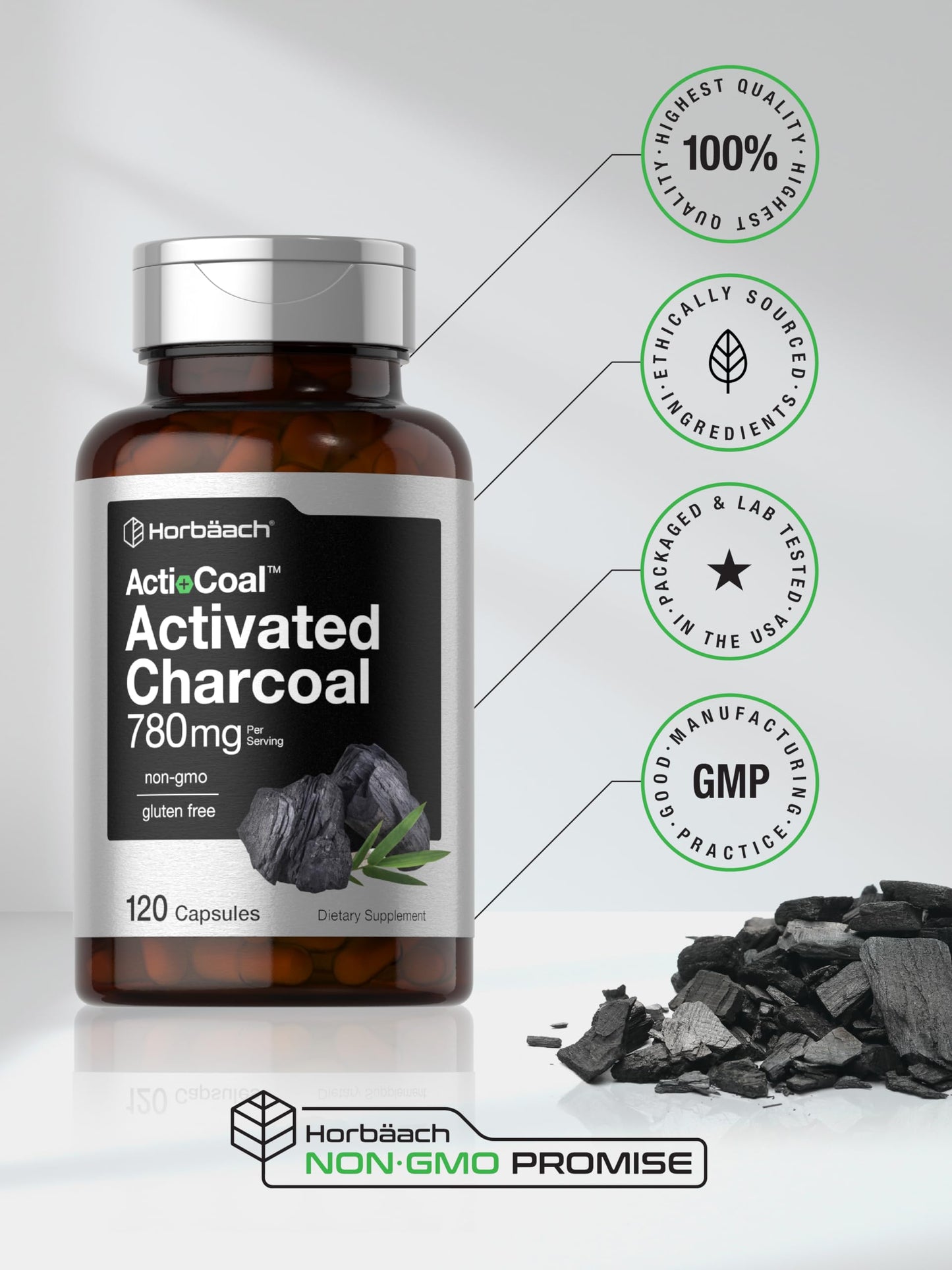 Authentic USA imported Horbaach acti coal capsules for stomach gas.