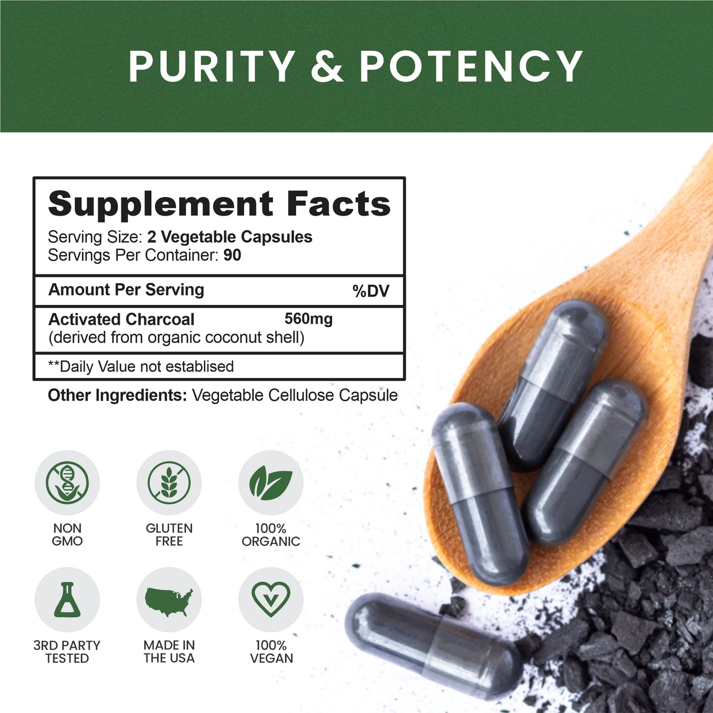 Organic coconut shell derived activated carbon pills for internal body detoxifying