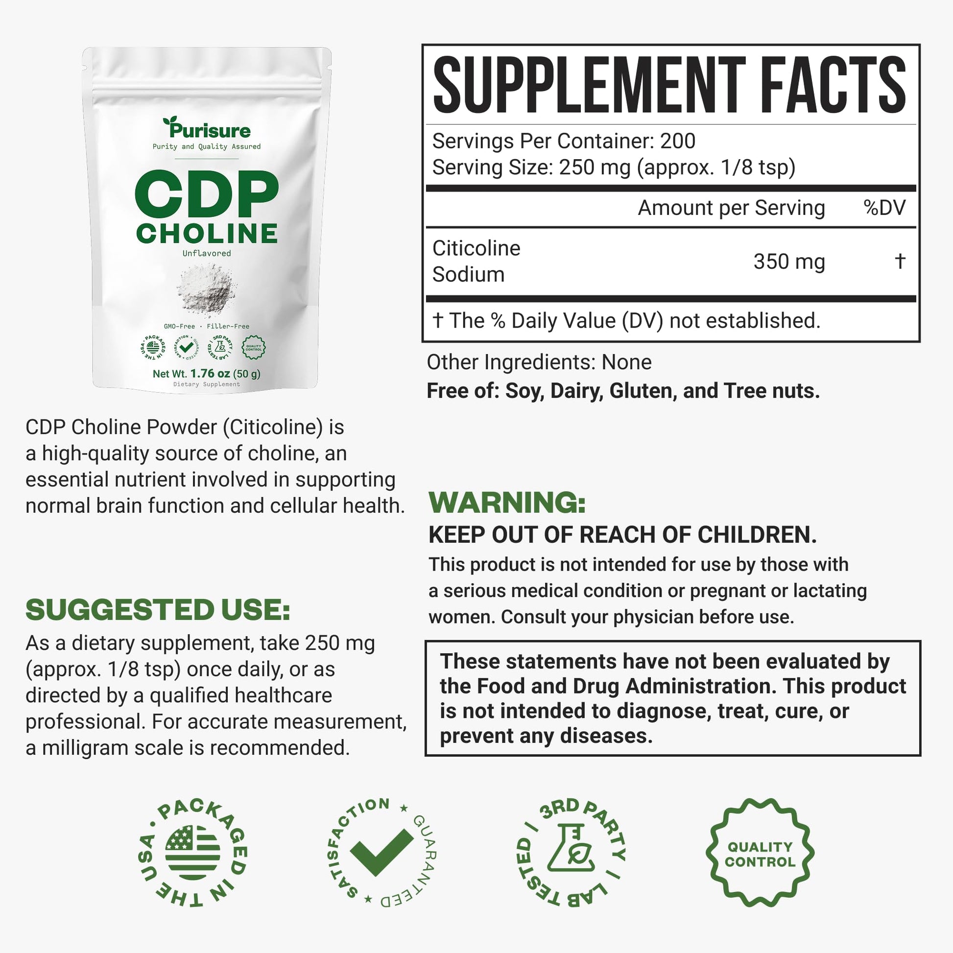 Purisure Citicoline Sodium powder side view detailing nutritional facts and 200 servings instructions.