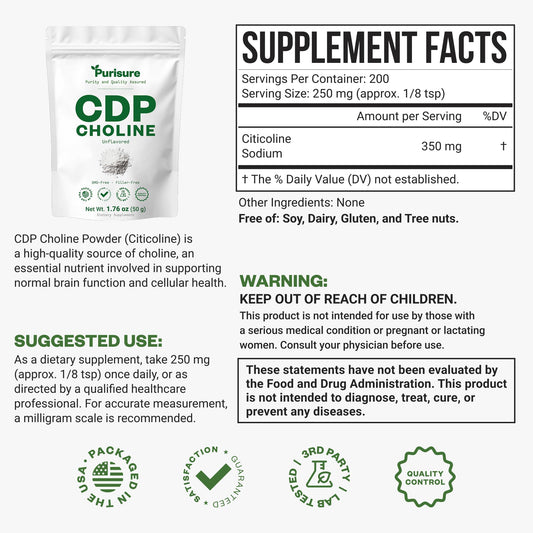 Purisure Citicoline Sodium powder side view detailing nutritional facts and 200 servings instructions.