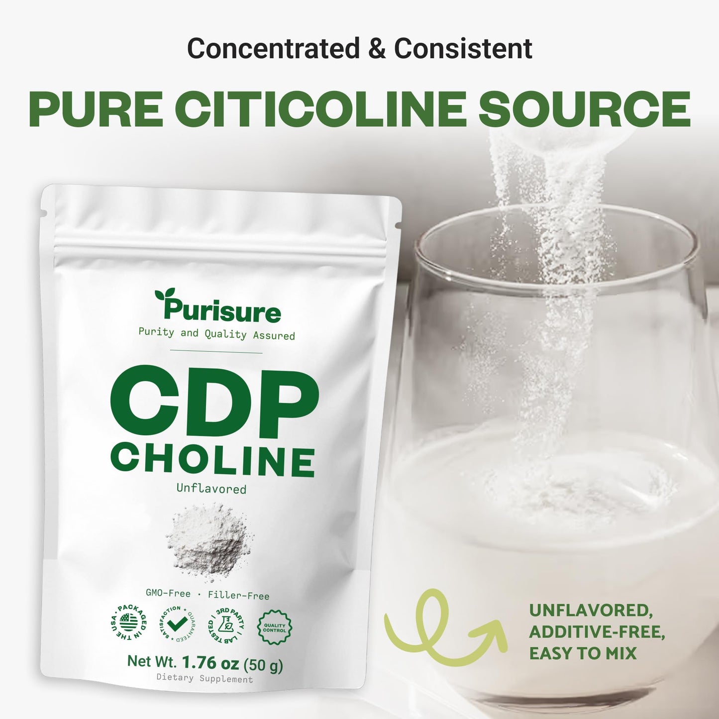 Purisure filler free citicoline powder packaging demonstrating verified third party tested seal.