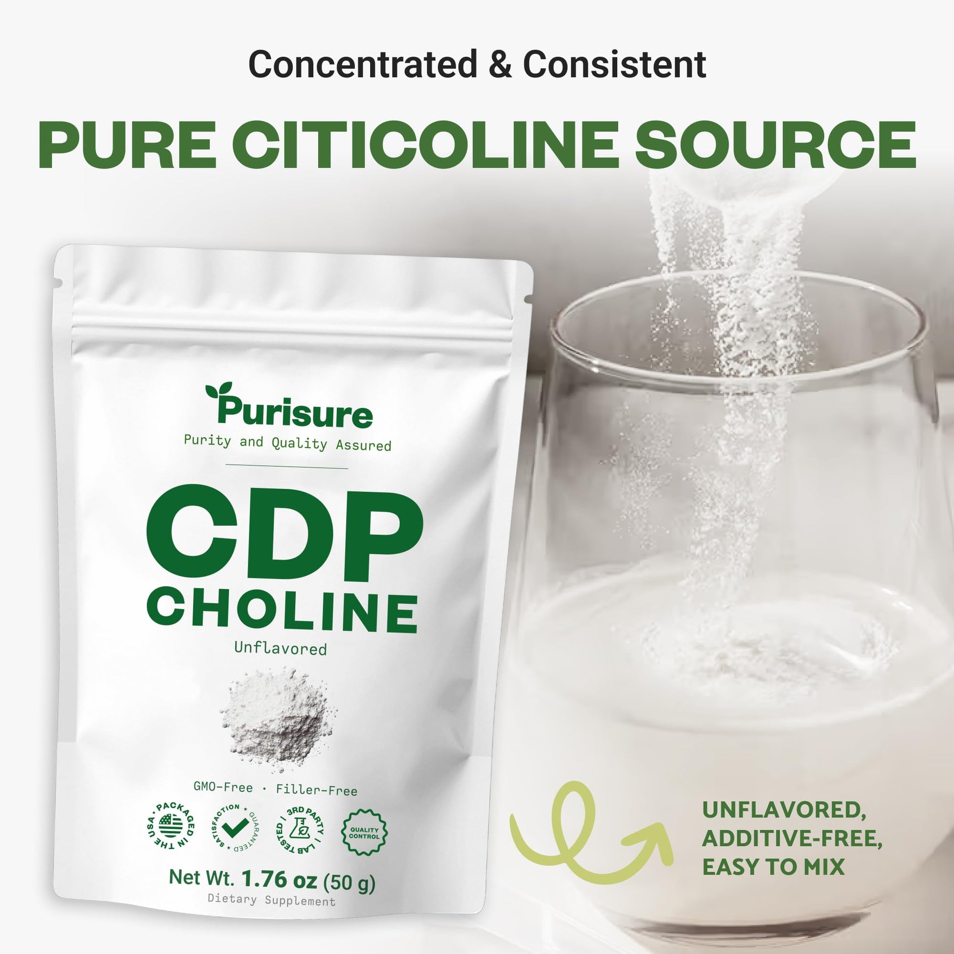 Purisure filler free citicoline powder packaging demonstrating verified third party tested seal.