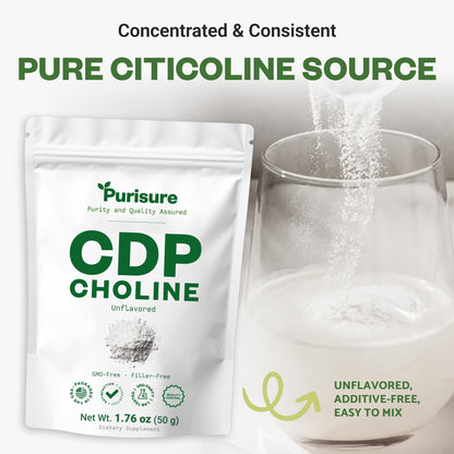Purisure filler free citicoline powder packaging demonstrating verified third party tested seal.