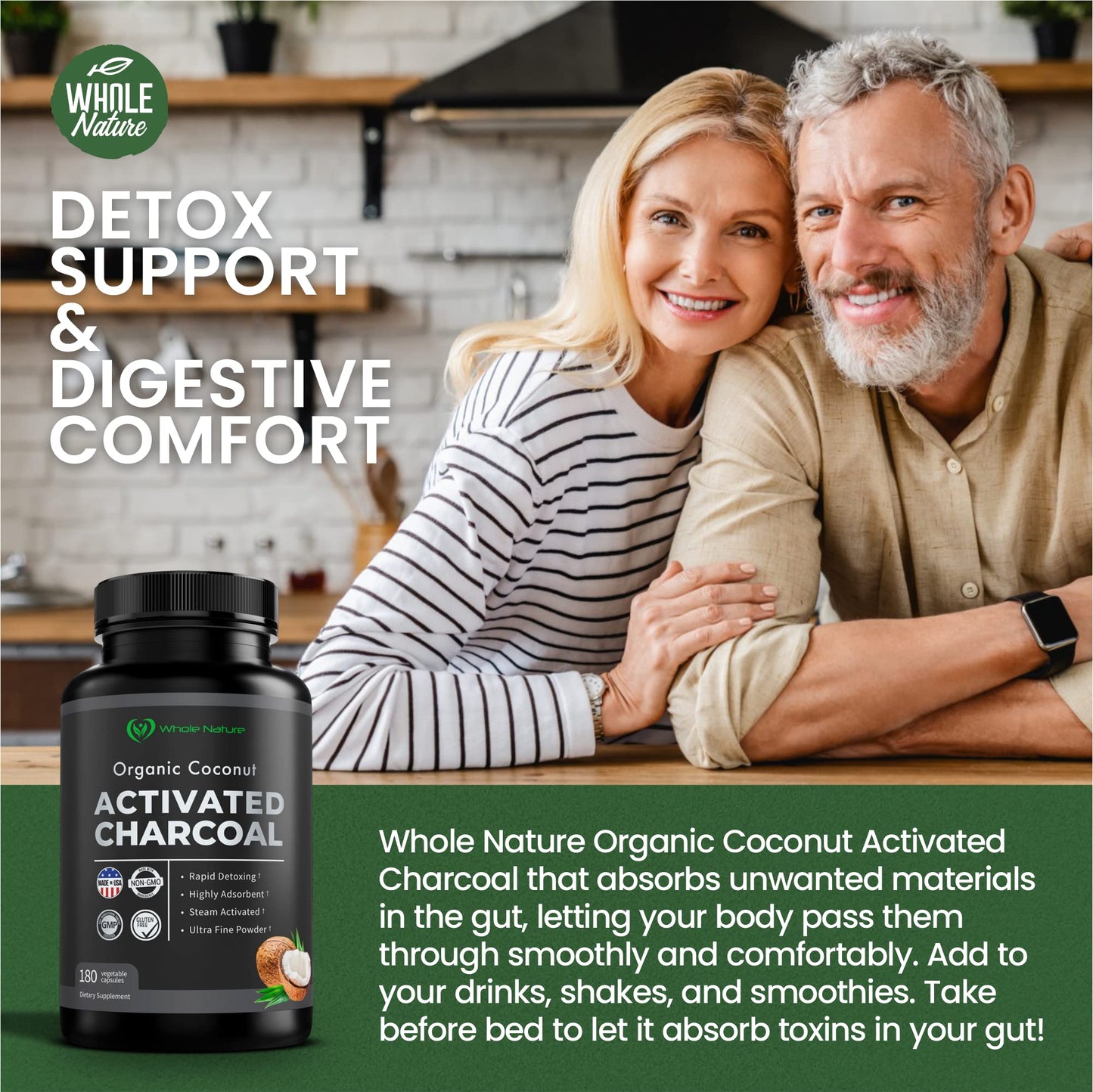 Steam activated fine milled coconut charcoal powder capsules for stomach comfort