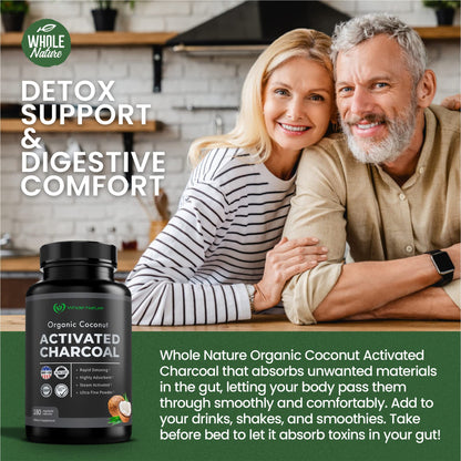 Steam activated fine milled coconut charcoal powder capsules for stomach comfort
