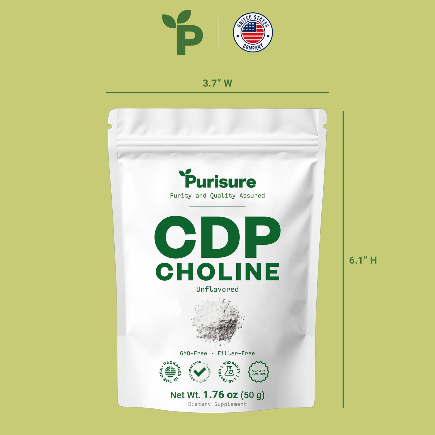 Authentic imported USA formulation of Purisure brain metabolism supplement pouch on clean background.