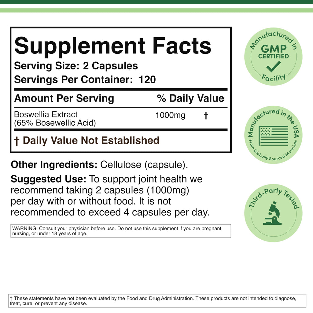 Double Wood Supplements Boswellia Serrata supplement label details