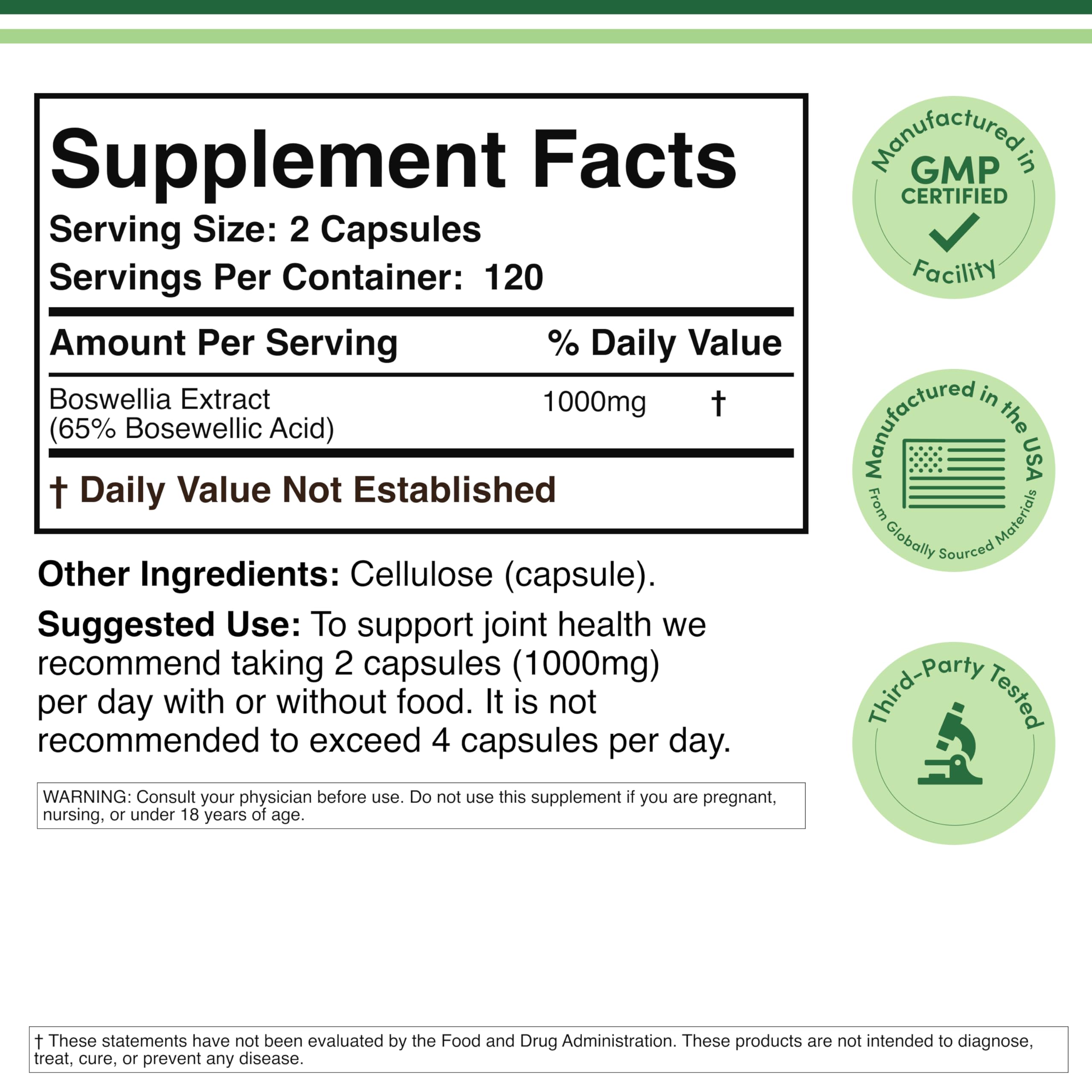 Double Wood Supplements Boswellia Serrata supplement label details
