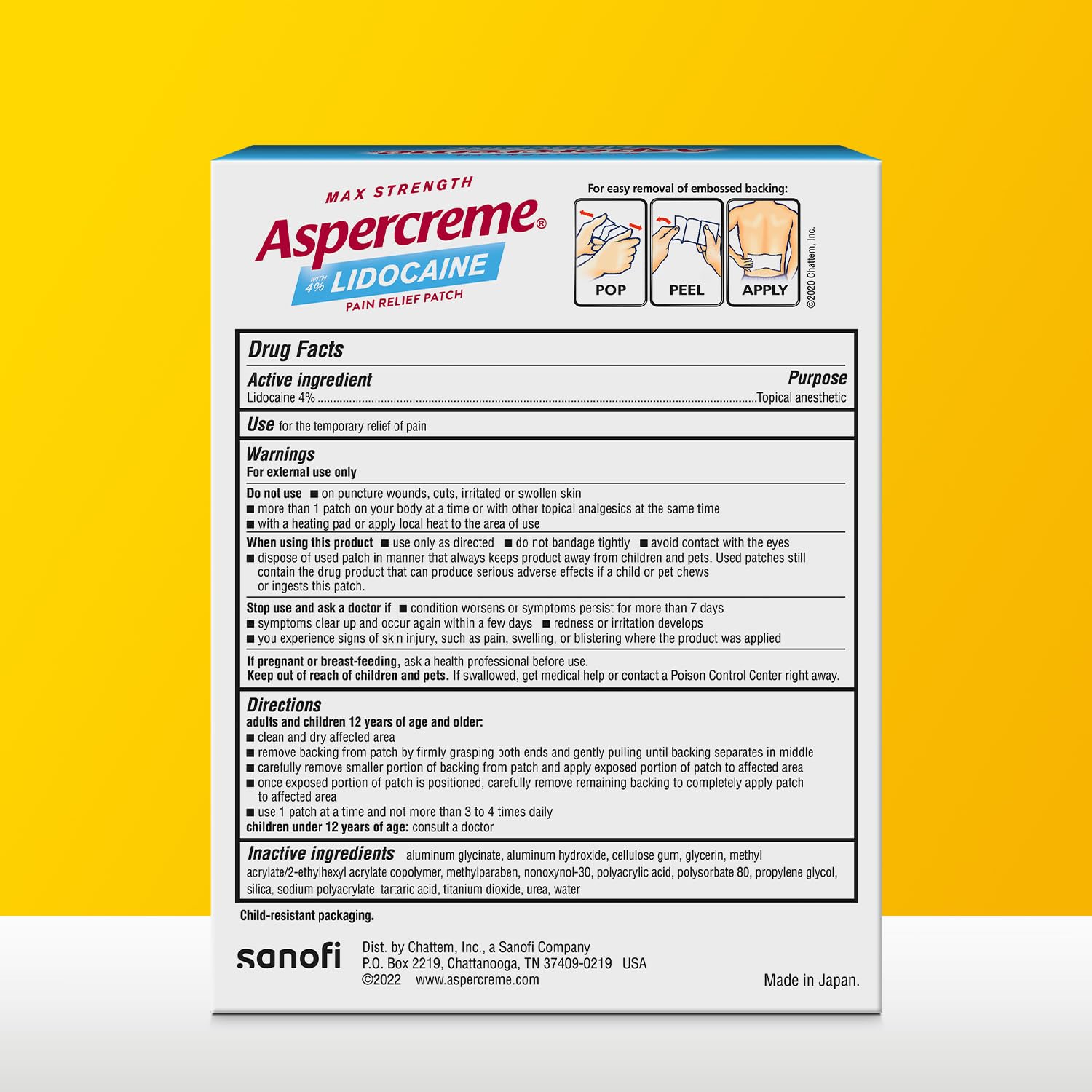 Aspercreme XL pain relief patch packaging details