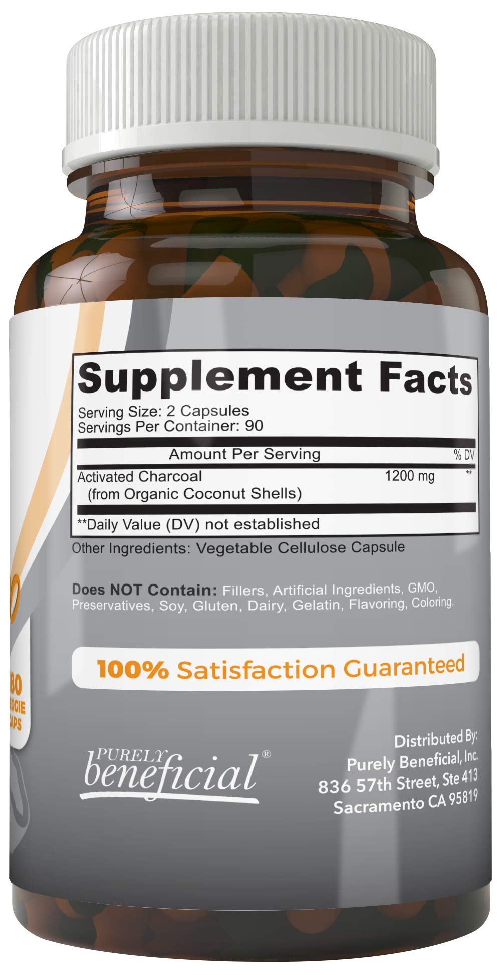 Purely Beneficial organic activated charcoal 1200mg supplement facts and ingredient label.