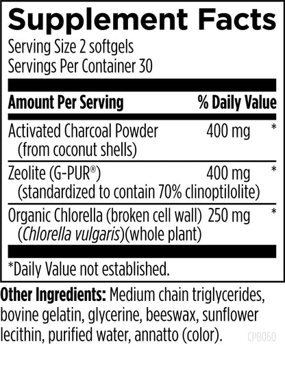 Side view of Designs For Health toxic binder supplement packaging detailing usage instructions.