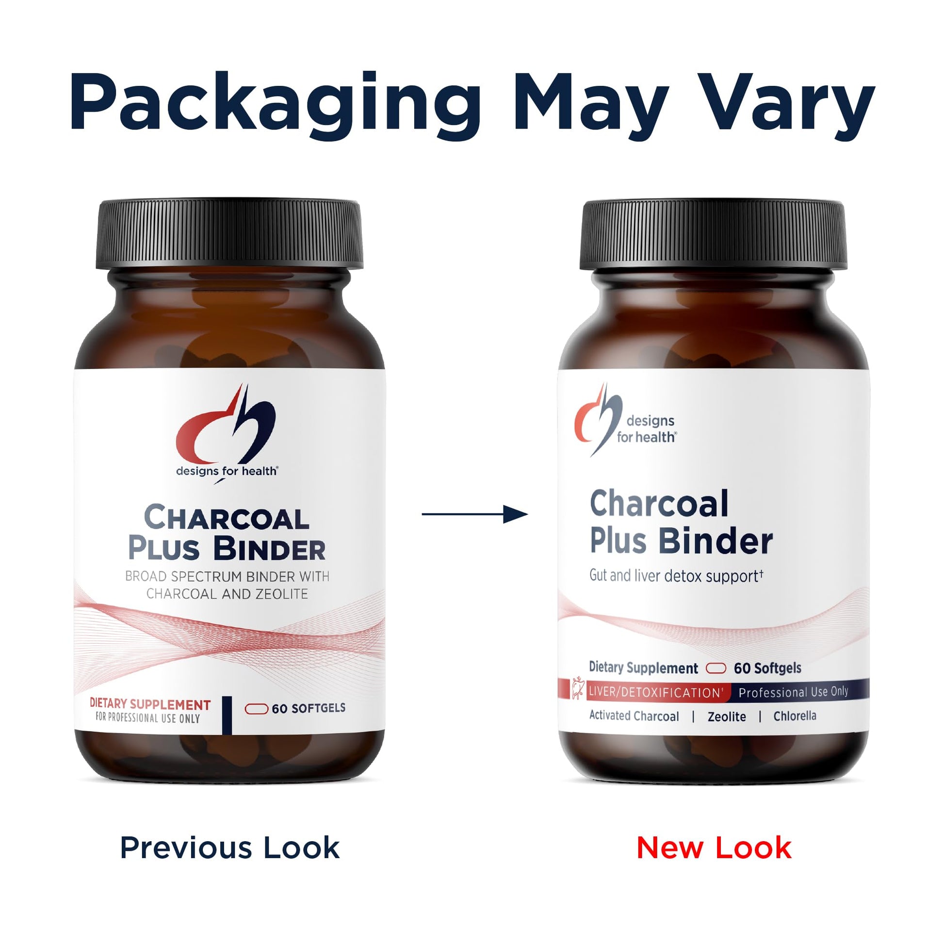 Designs For Health Charcoal Plus Binder safety seal and USA import verification details.